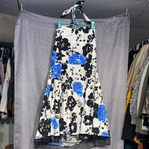 Chic Floral High-Low Dress in Black, White, and Blue